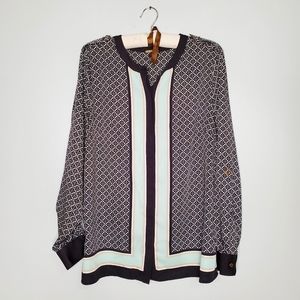 Dana Buchman Mint Green & Black Patterned Long Sleeve Blouse 12